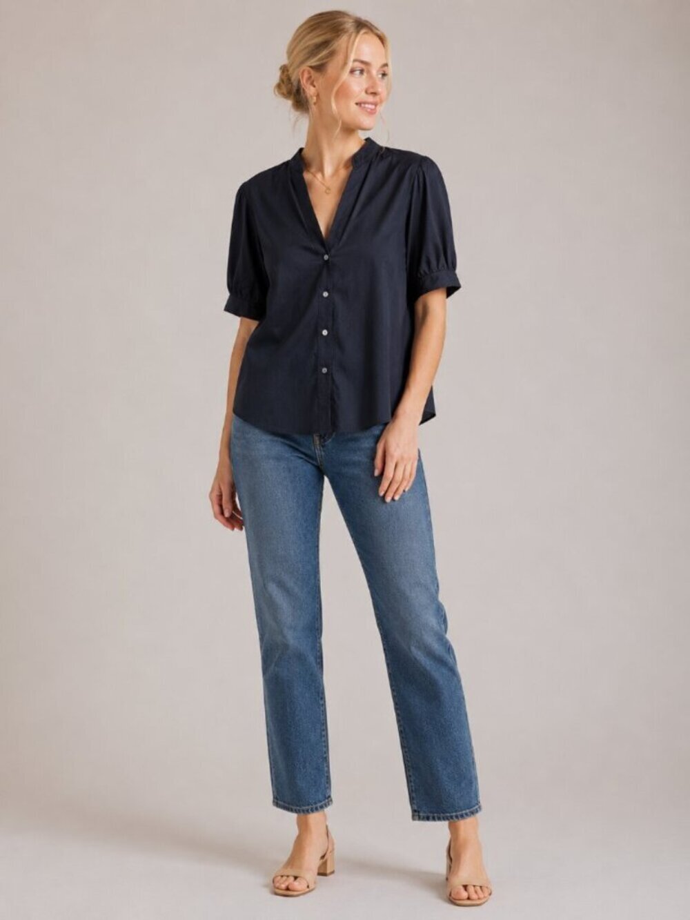 NWT White House Black Market Shirt 4 Button Half Sleeve Poplin Black #WHBM25